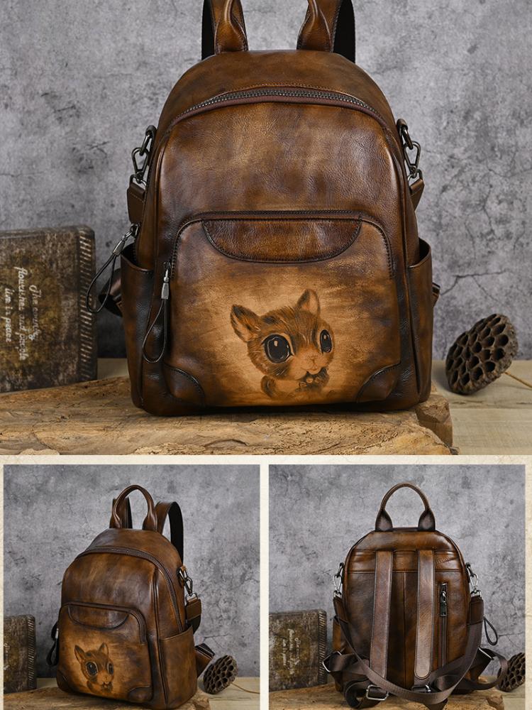 Johnature Retro Echtes Leder Tier Druck Rucksack Frauen Natürliche Echte Rindsleder Tasche Große Kapazität Reise Rucksäcke