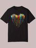 1pc Graphic Print Short-Sleeve T-shirt - Black with Colorful Dripping Paint Heart Design