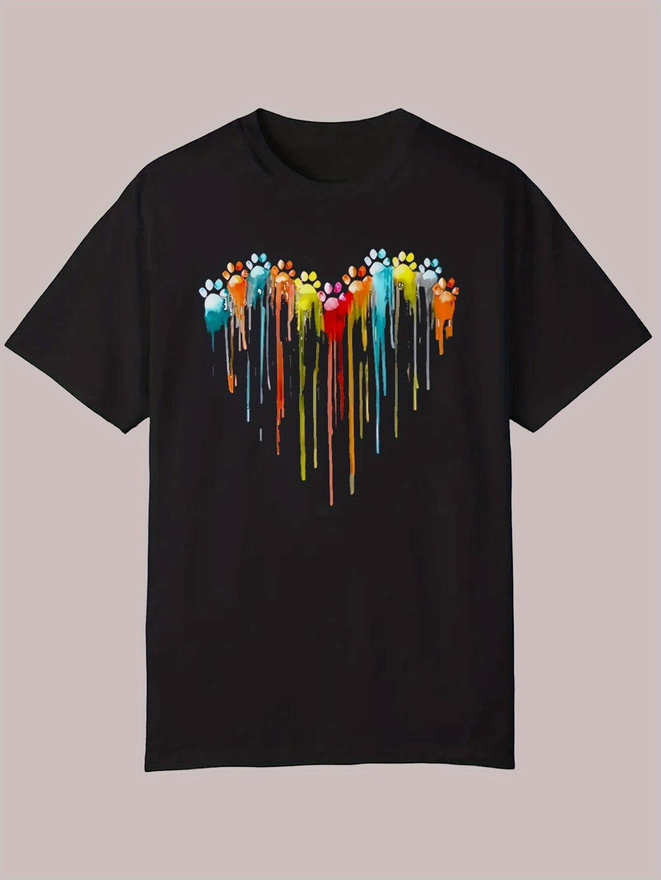 1pc Graphic Print Short-Sleeve T-shirt - Black with Colorful Dripping Paint Heart Design M