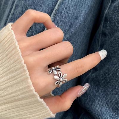 Sweet Flower Open Ring Women's Retro INS Niche 100% Match Temperament Adjustable Index Finger Party & Daily Ring