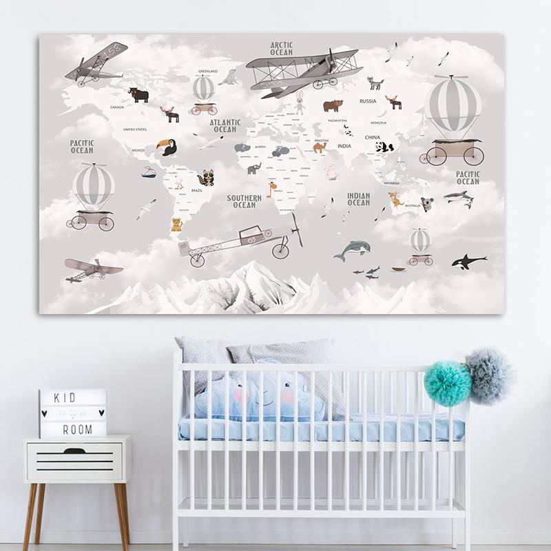 Cartoon Ocean Animal World Map Wall Art Canvas Painting Nordic Posters And Prints Nursery Wall Pictures For Kids Room Decoration