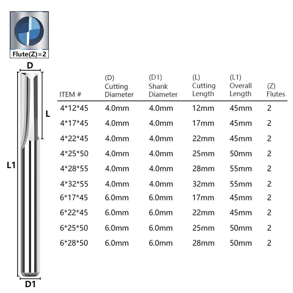 4/6mm Shank 2 Flute End Mill Tungsten Carbide CNC Router Bit Straight Slot Milling Cutter