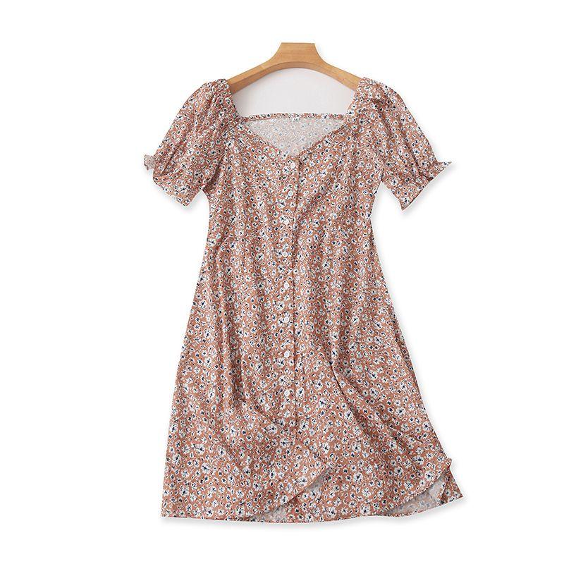 

Платье с открытыми плечами, с цветочным принтом, летняя новинка, короткий рукав, юбка А-силуэта, легко сочетается, стройнит, средней длины, длинное, на пуговицах, кардиган, юбка Shallow coffee bottom flower S