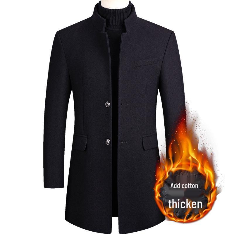 Men's Mid-Length Woolen Overcoat with Cotton Padding