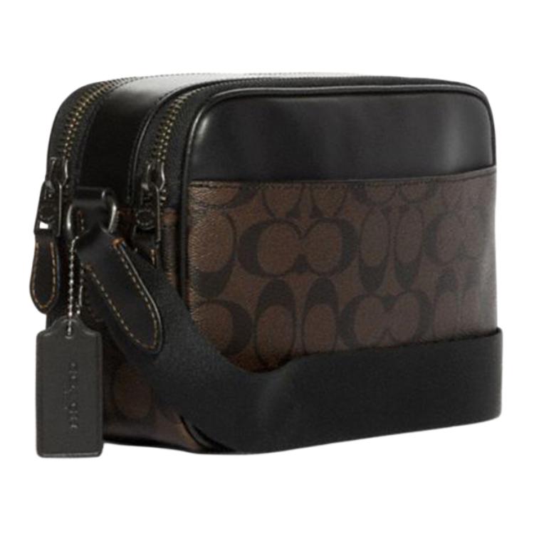 Coach Graham 25 Classic Monogram Striped Color Block Zipper Camera Bag Men Shoulder Bag Black Dark-Brown C9965-QBMAA