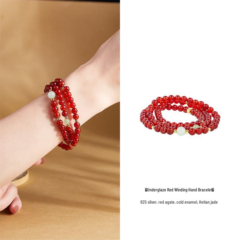 

S925 Sterling Silver Natural Hetian Jade & Red Agate Beaded Bracelet - Double Layer Stackable Chinese Style Women s Jewelry Gift 925 Silver