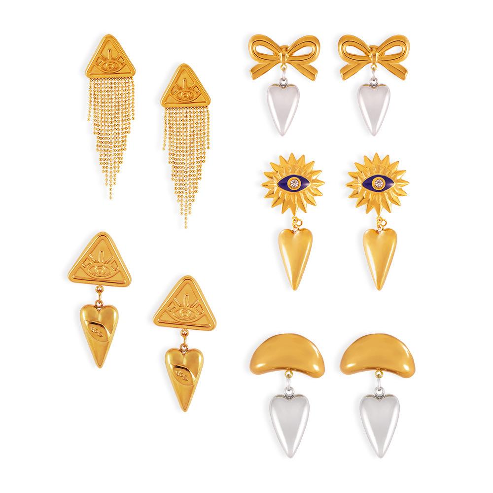 Design Female Hip-Hop Personality Trend Titanium Steel Plated 18K Gold Geometric Devil'S Eye Fringed Earrings Set