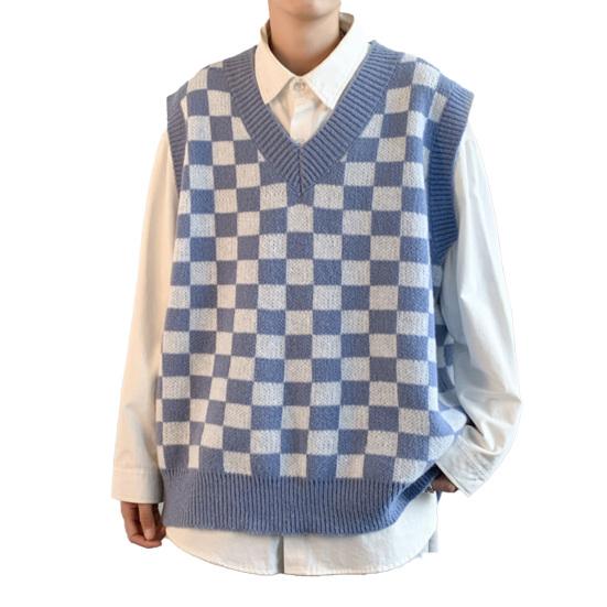 Decote em V Sem Mangas Acabamento Nervurado Estilo Universitário Colete Suéter Outono Inverno Xadrez Patchwork Cor Homens Colete de Malha