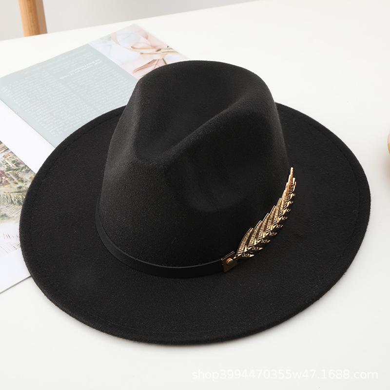 Autumn and winter new woolen top hat men's jazz hat retro black woolen jazz hat flat-brimmed big eaves hat