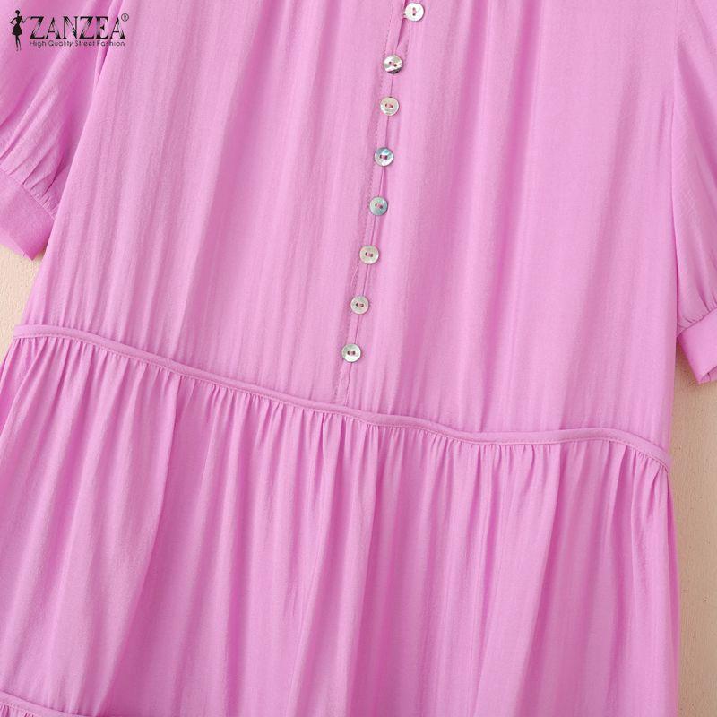 ZANZEA Women Casual Round Neck Solid Color Short Sleeve Long Dress