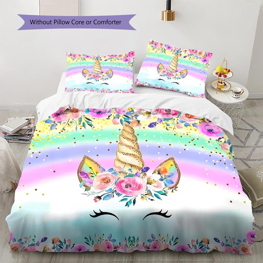Colorful Uni-horse Pattern Bedding Quilt Set Quilt Cover Pillowcase Home Decoration Gift (1 * duvet cover + 2 * pillowcase, without core)