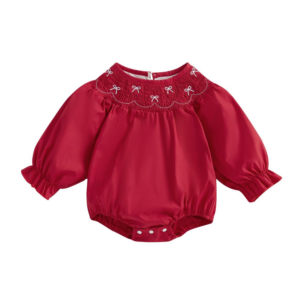 Toddler Baby Girl Smocked Romper Bow Embroidery Round Neck Long Sleeve Bubble Jumpsuit 