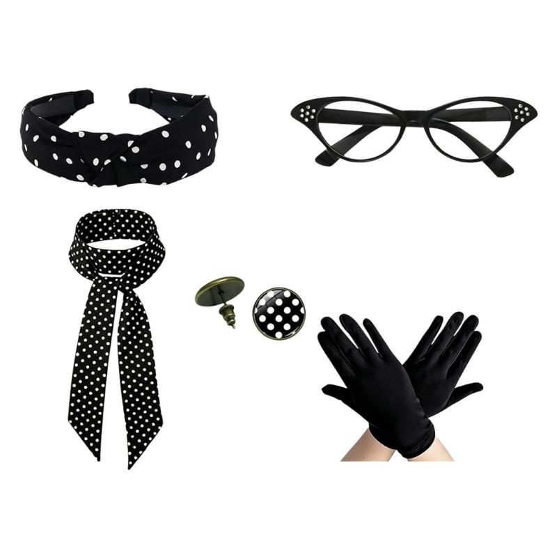 1950S Costume Accessories 50S Scarf,Cats Eye Glasses,Headband,Dot Earrings Halloween Cosplay Costumes
