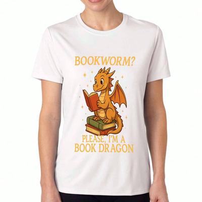 Book Dragon Unisex's Cotton T Shirt, Premium Cotton Graphic, Durable, Casual Fashion. Bookworm Dragon Reading Book Illustration Design, Very Comfortab