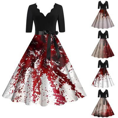 Women's Vintage Long Sleeve Halloween Print Family Party Prom Dress