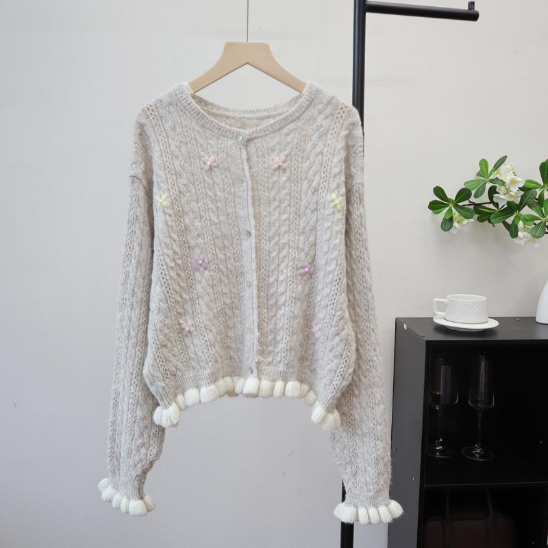 Autumn New Embroidered Loose Ruffle Edge Design Sense Knitted Cardigan Soft Waxy Sweet Sweater Jacket Women