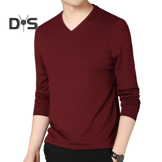 Men Fall Spring Top V Neck Long Sleeves Pure Color Slim Fit Thin Pullover T-shirt Daily Wear Sport Homewear Clothes