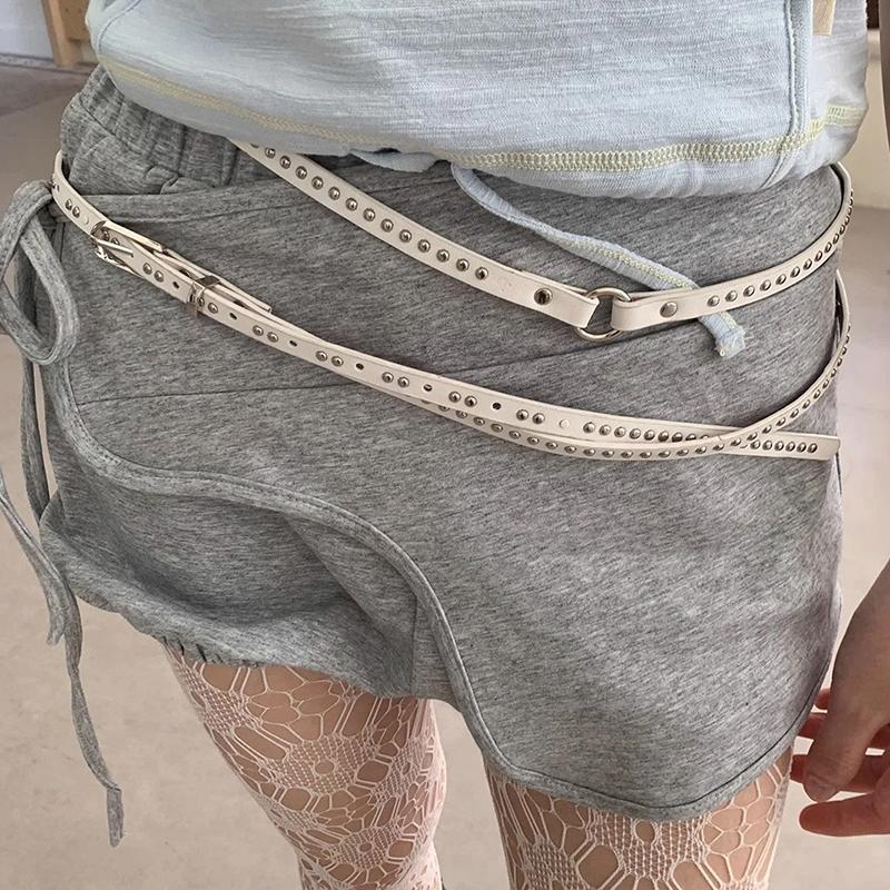 Y2K Punk Rivet Leather Double Thin Belt Women Men Pu Black White Waist Strap Trendy Waistband Jeans Skirt Decoration