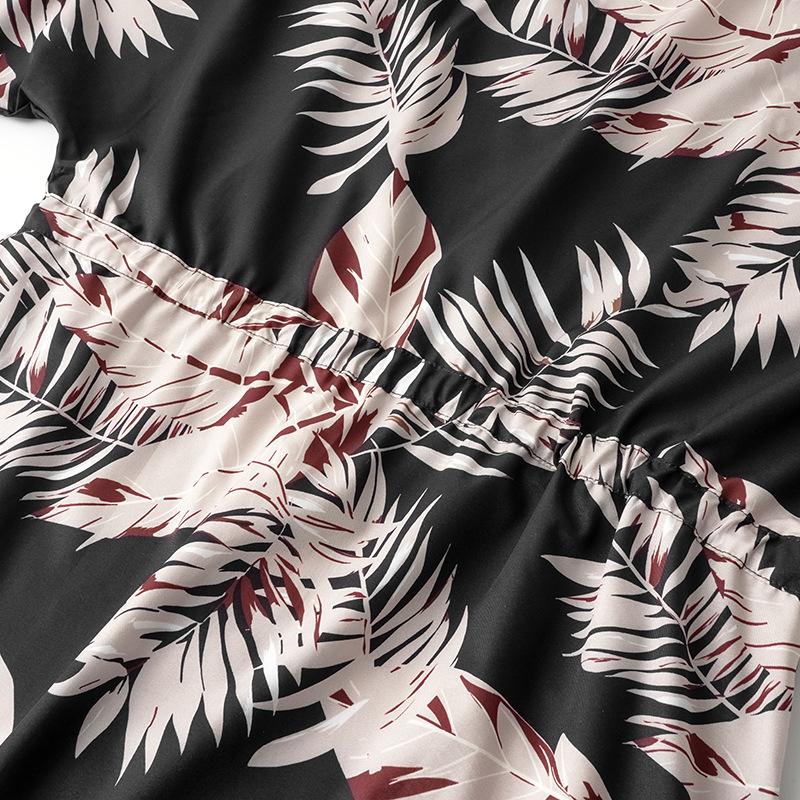Women V Neck Summer Leaf Print Short Sleeve Single Breasted Drawstring Loose Dresses