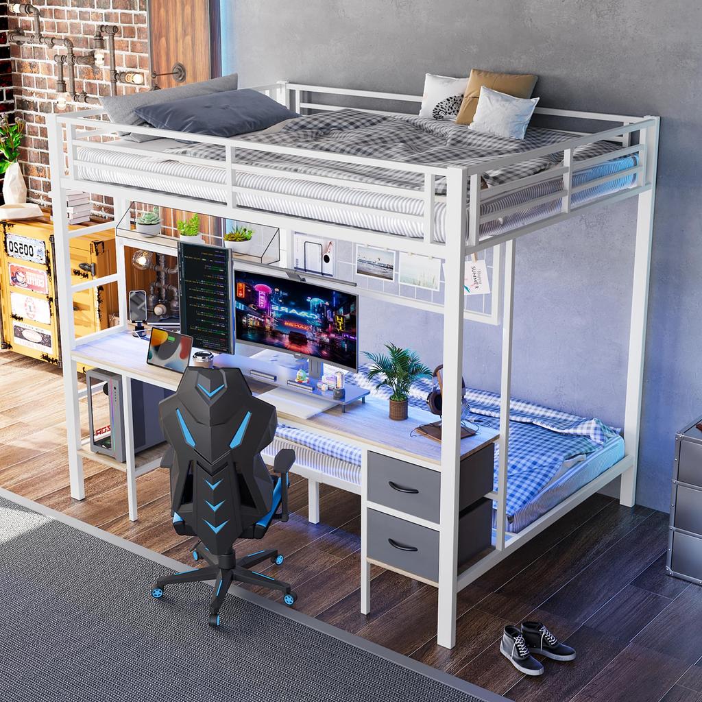 Bunk Bed 90x200 & 140x200 Cm LED Lighting USB Ports Drawers Shelves Hanging Shelves Metal Frame White (without Mattress)