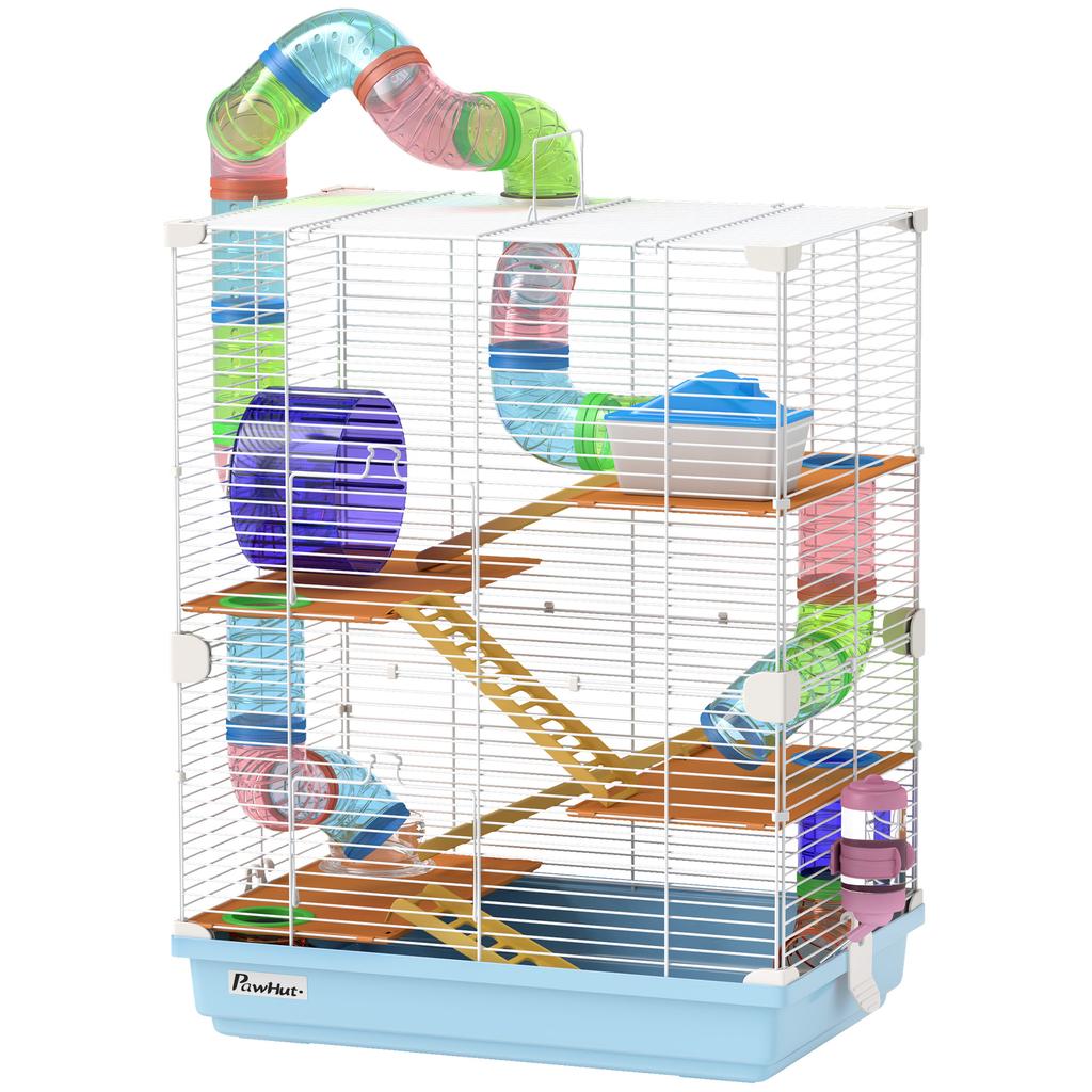 5 Tier Hamster Cage Carrier Habitat w/ Exercise Wheels, Tunnel, Light Blue