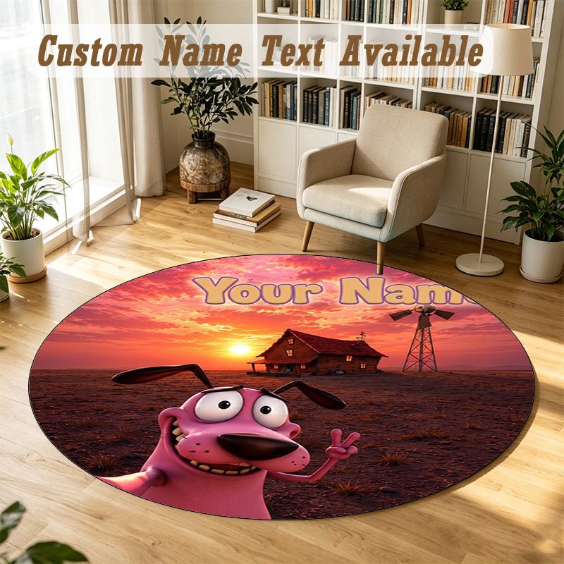 Courage the Cowardly Dog Personalized Round Rug Support Custom Name, Soft Home Decor Mat
