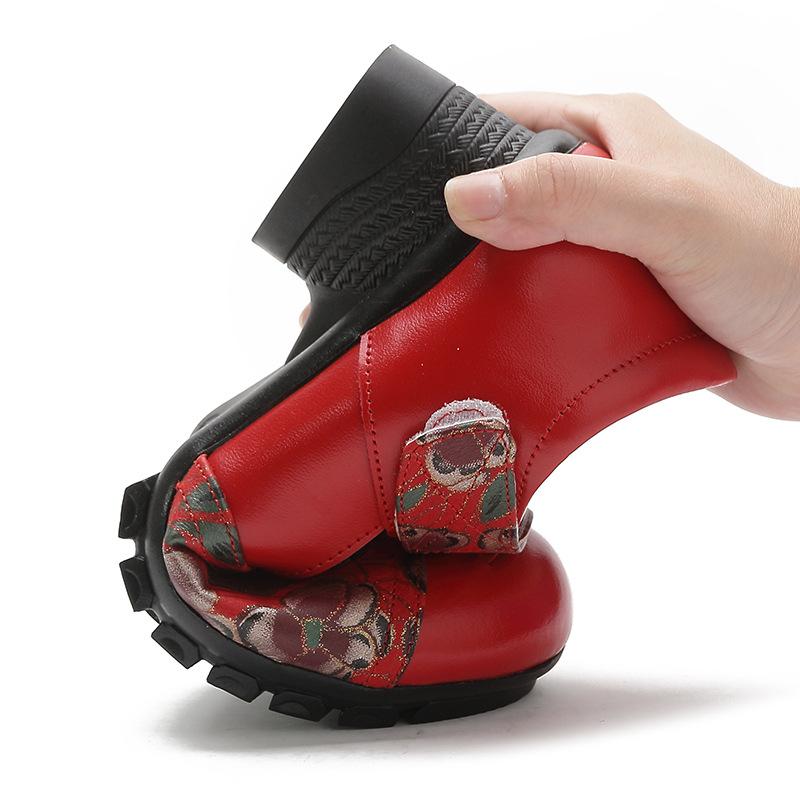 New Spring Low Heel Thick Heel Casual Women's Shoes Ethnic Style Genuine Leather Printed Women's Singles Shoes Comfortable Middle-aged Mother