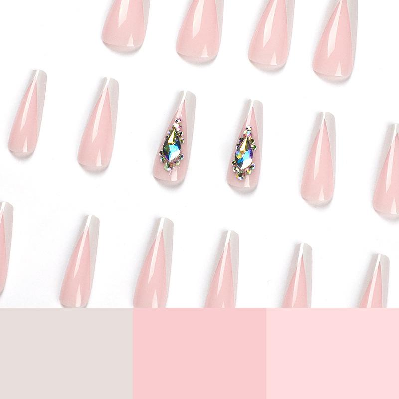 Nail sticker Removable nail piece Wearing nail, French white edge bare powder rhinestone nail patch Nail piece nails