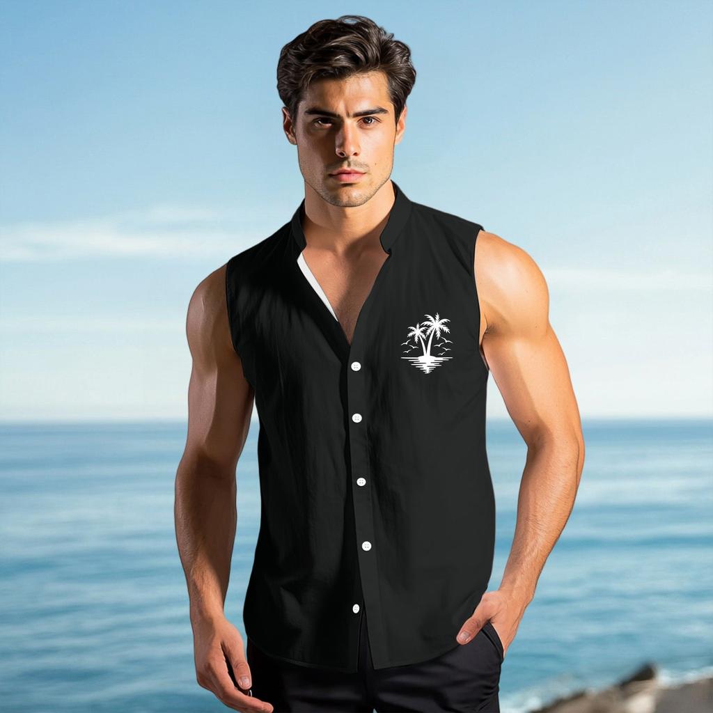 Men's Fashion Printed Sleeveless Lapel Button-Down Shirt Vest Top