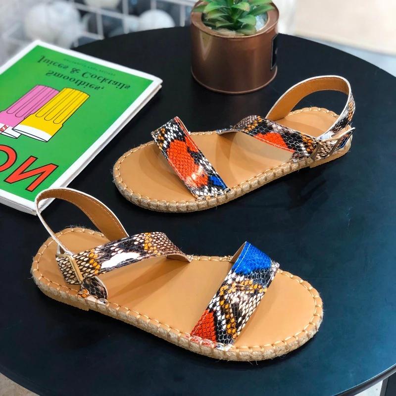 fashion Snake Print Sandals Women 2024 New Ankle Strap Flat Sandals Buckle Comfortable Women's Shoes Fashion Casual Open Toe Sandals