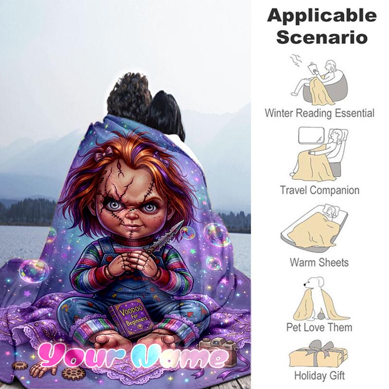 1PC Custom Name "Chucky's Bubble Adventure" flannel blanket versatile,all-season throw suitable for the living room,bedroom,camping,travel,and gift