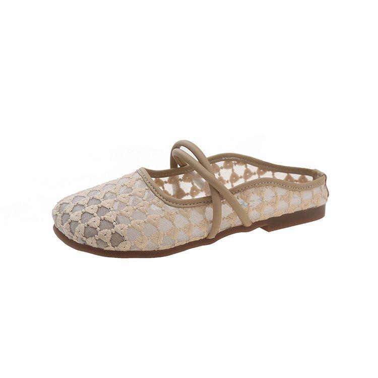 Mesh Breathable Bag Head Half Drag Female Summer Word Casual Flat Bottom Outer Wear Round Head Soft Bottom Slippers 35 хаки