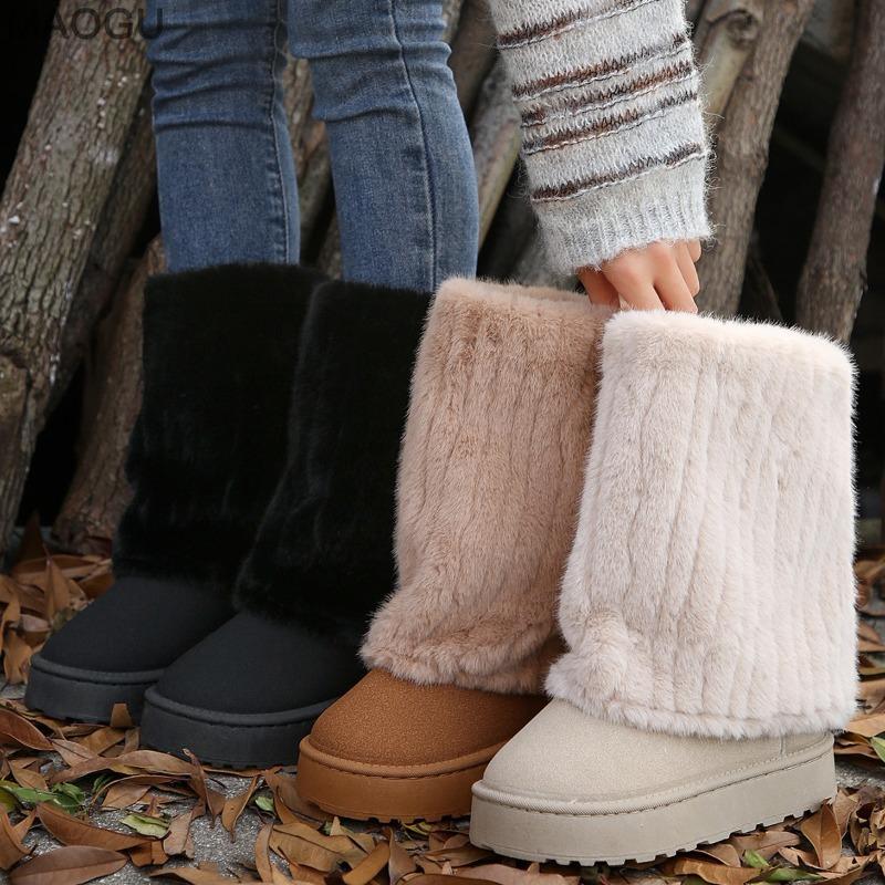 Snow Boots Women Winter Platform Thick Sole Plush Mid-Claf Boots Plush Lined Warm Cotton Shoes Comfortable Botas Mujer Size36-44