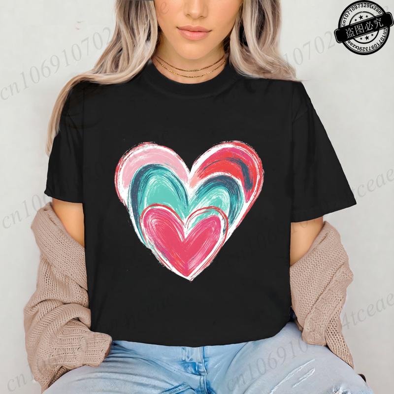 Colorful Heart Printed Womens TShirts Cute Heart TShirts Long Sleeve Womens Tshirts Valentine Day Tee Clothing Long Sleeve