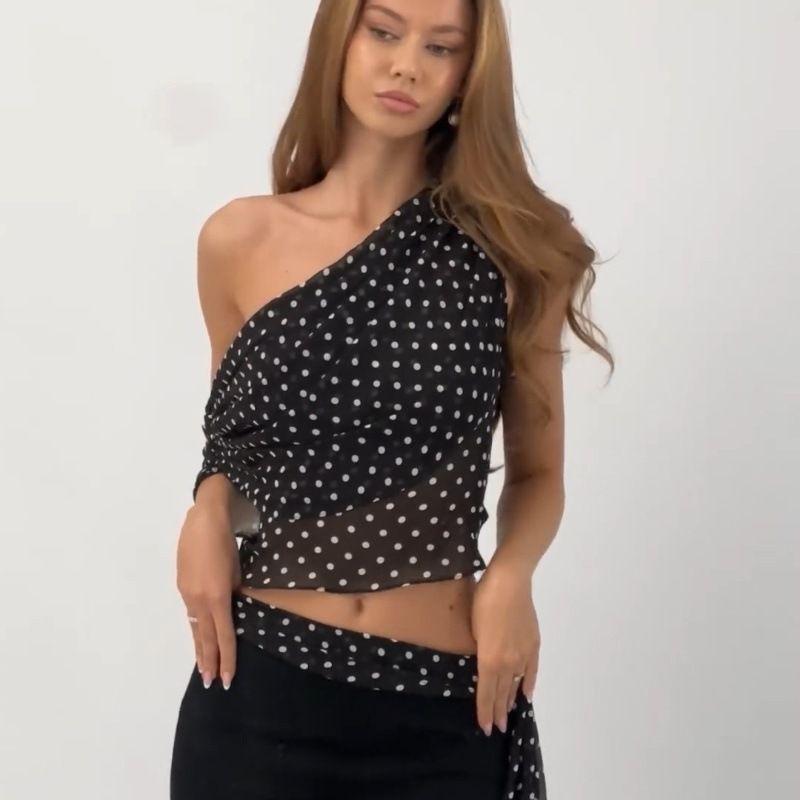 Mesh Vest 2025 Summer New Sexy Oblique Collar Polka Dot Print Irregular Mesh Cami Women Spicy