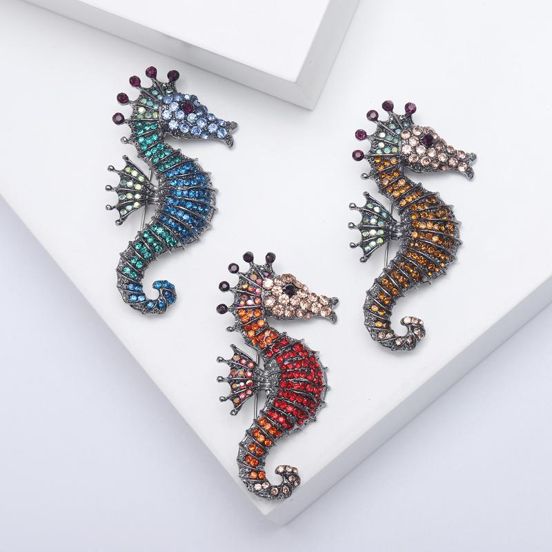 Sparkling Rhinestone Seahorse Brooches 3 Color Sea Animal Office Casual Brooch Pins Gifts