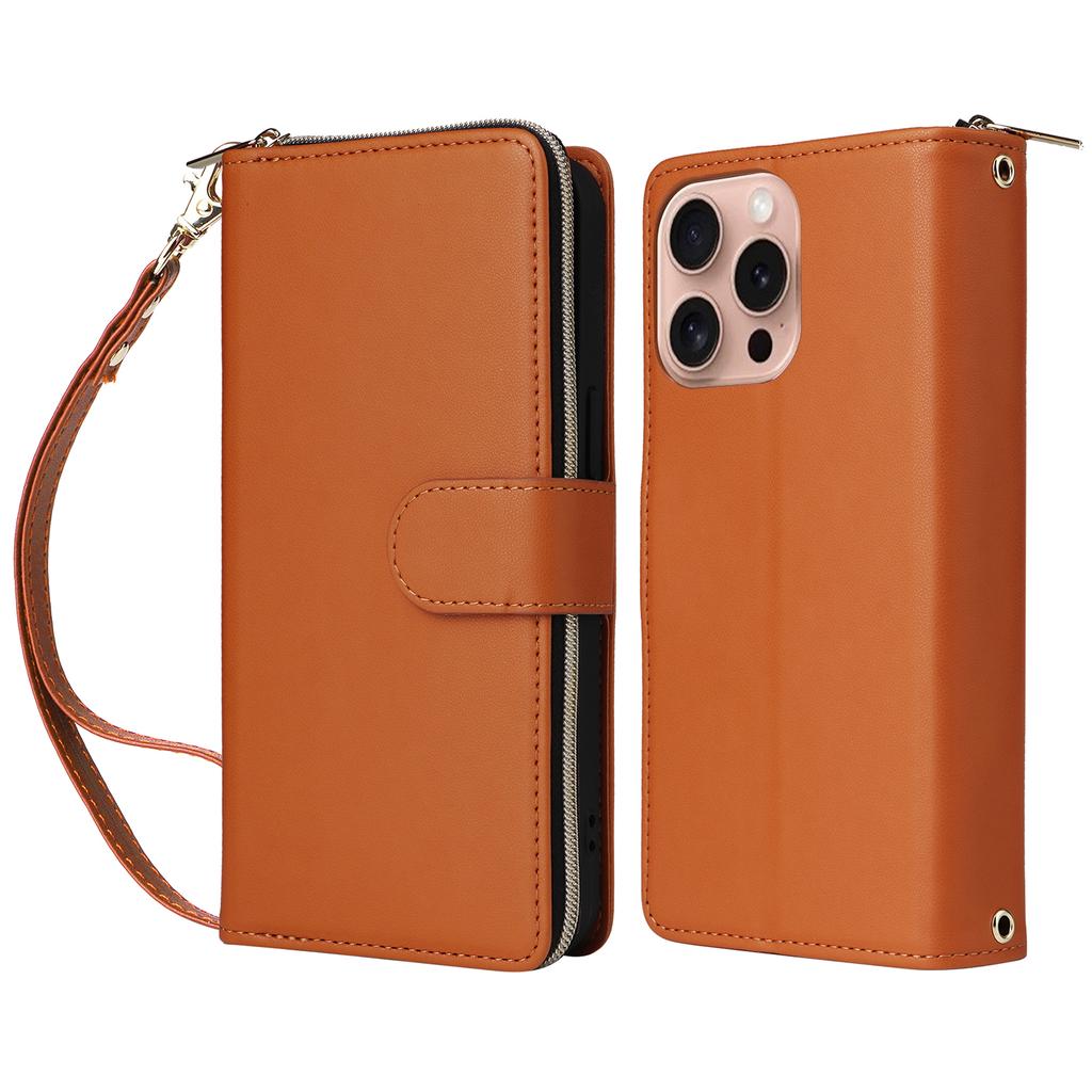 R20 For iPhone 16 Pro Max Case Zipper PU Leather Phone Cover with 9 Card Slots