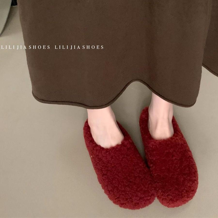 Retro lamsvacht pluche pantoffels dames 2025 herfst en winter nieuw tas hoofd sleep fee lui katoen sleep één pedaal