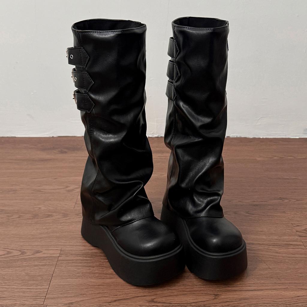 Winter Punk Style Pleated Splicing Women Knee High Boots Fashion Platform Thick Heels Long Booties  De Mujer