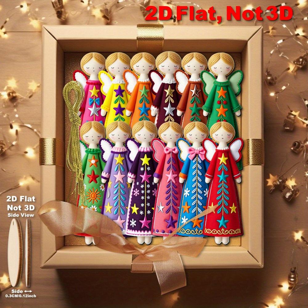16Pcs Colorful Angel Ornaments - 4.7inch Artificial Wooden Flat 2D Angel Hanging Decorations, with Star and Floral Patterns, Bright Pink,
