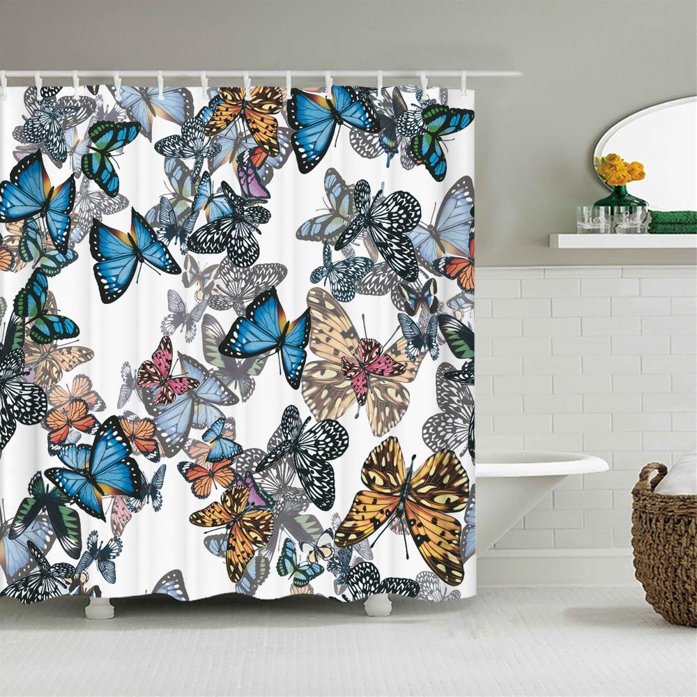 Beautiful Butterfly Flowers Shower Curtain Bathroom Screen Decoration Shower Curtains Waterproof Washable Fabric