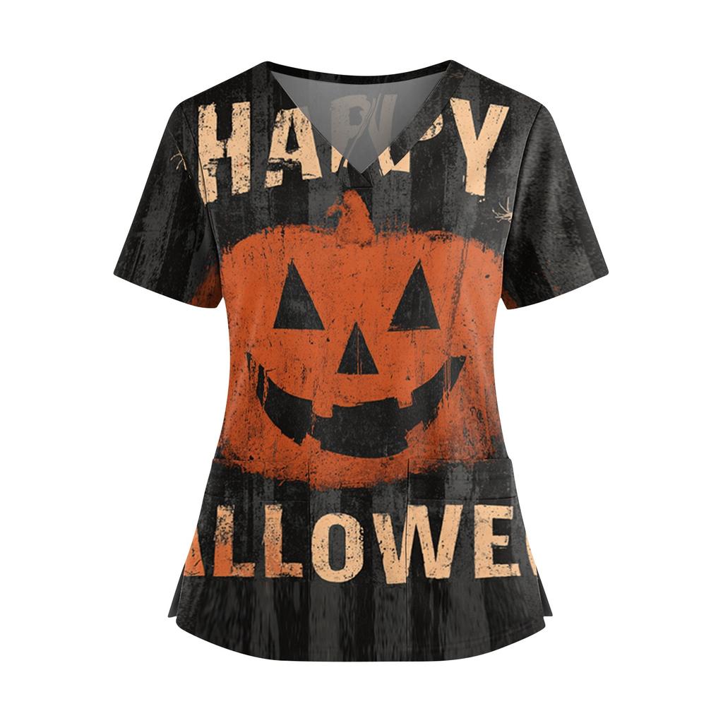 Women’s V Neck Short Sleeve Work Top with Side Slits Pockets and Halloween Print Suitable for Office and Casual Wear