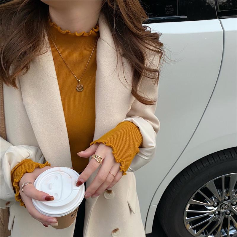 

Женский осенне-зимний пуловер с длинным рукавом, оборками, воротником-стойкой, облегающего кроя, базовый однотонный, вязаный, футболка-топ для многослойности one size