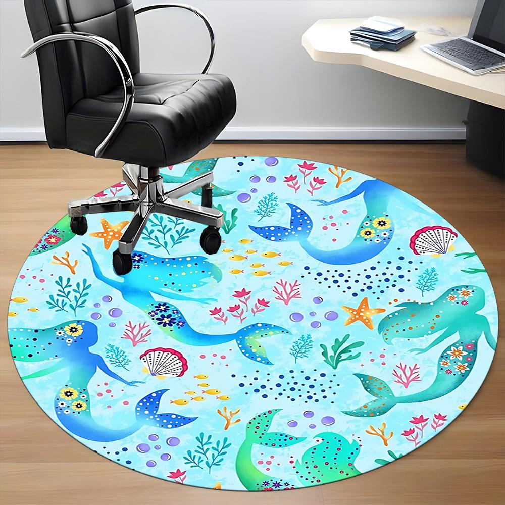 1pc Mermaid OceanChair Carpet for Office, Indoor Non-Slip Washable Polyester Fiber Carpet, Mat For Office, Machine Washable