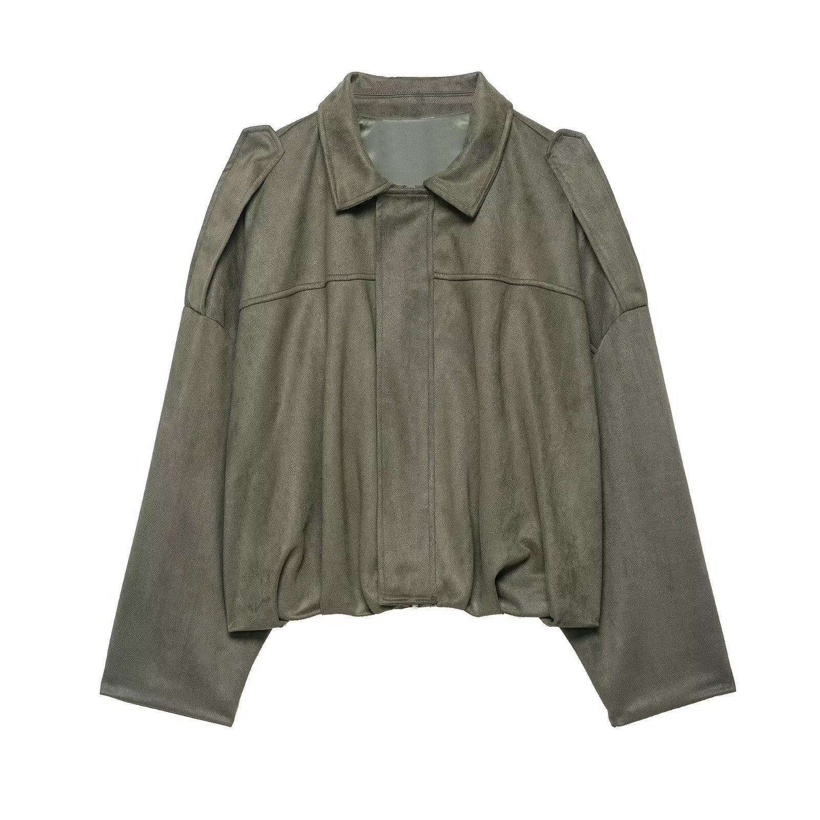 Fashion Women s Suede Loose Jacket Suede Bomber Jacket L армия зеленый