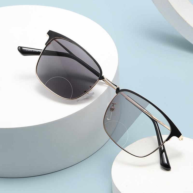 Double Light Discoloration Far And Near Reading Glasses Anti-Blue Business Men'S Metal Frame High Definition Reading Mirror