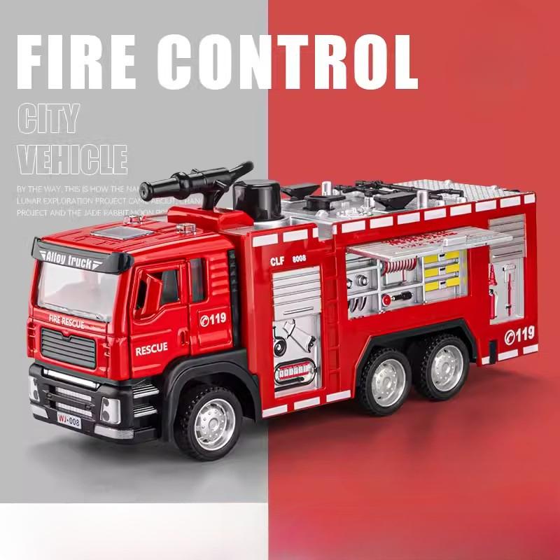 1/32 Fire Ladder Truck Water Tanker Car Toy Model Alloy Diecasting Doors Opened Water Spray Models Decorative for Children Gifts