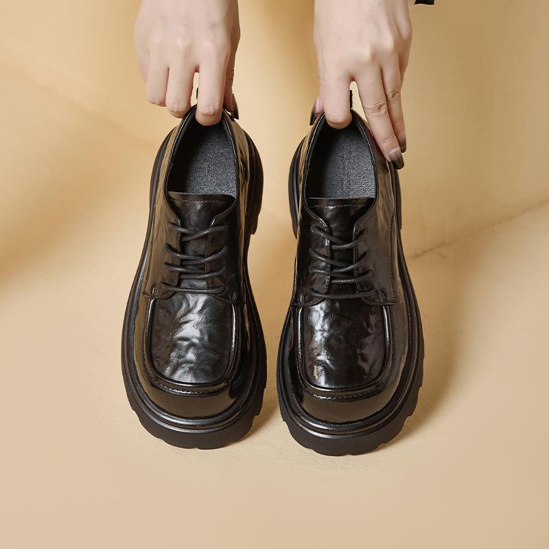 Loafers Women's 2025 Autumn New Leather Platform Lace-up Versatile Height-increasing Small Leather Shoes Retro Brown JK Women's Shoes