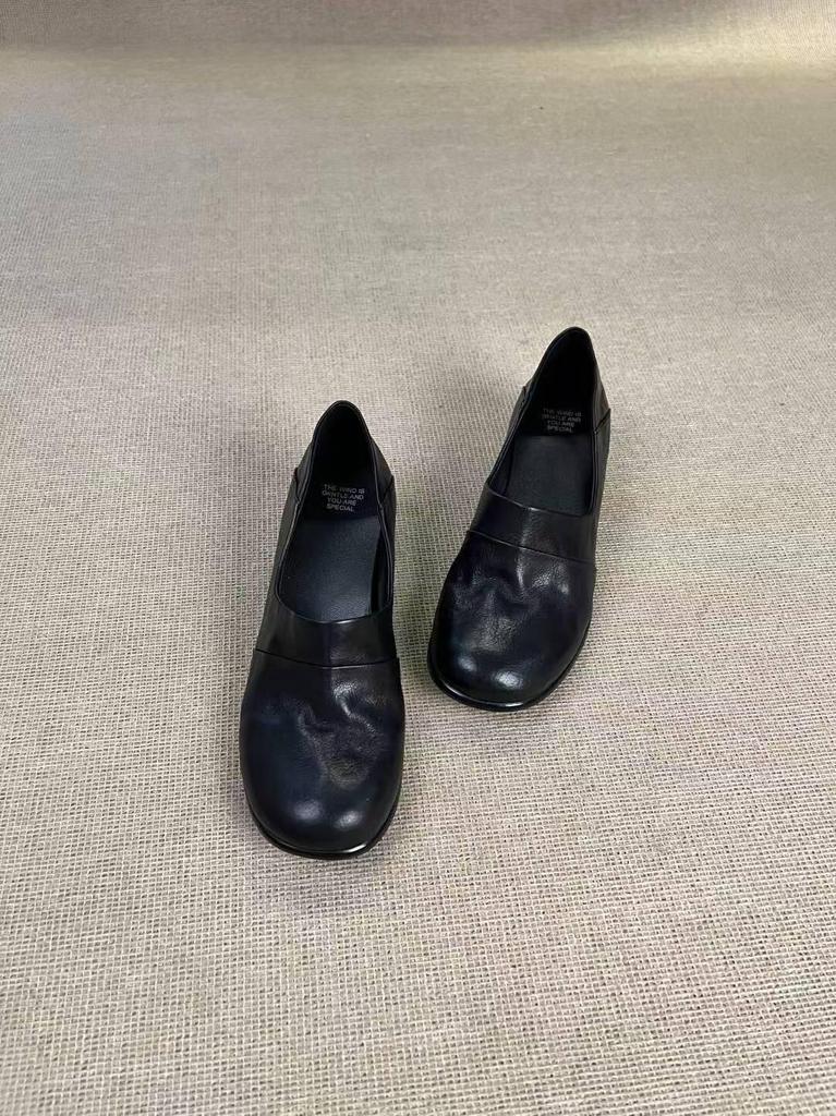 Retro All-Leather Loafers: First-Layer Cowhide, Chunky Heel, Round Toe, Deep Cut, Soft, Comfortable.