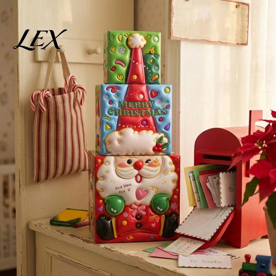 Small Trinket Organizer Boxes 3Pcs Christmas Stackable Gift Box, Layered Cube Plastic with Santa Festive Storage Bins Snowman Reindeer, Tabletop